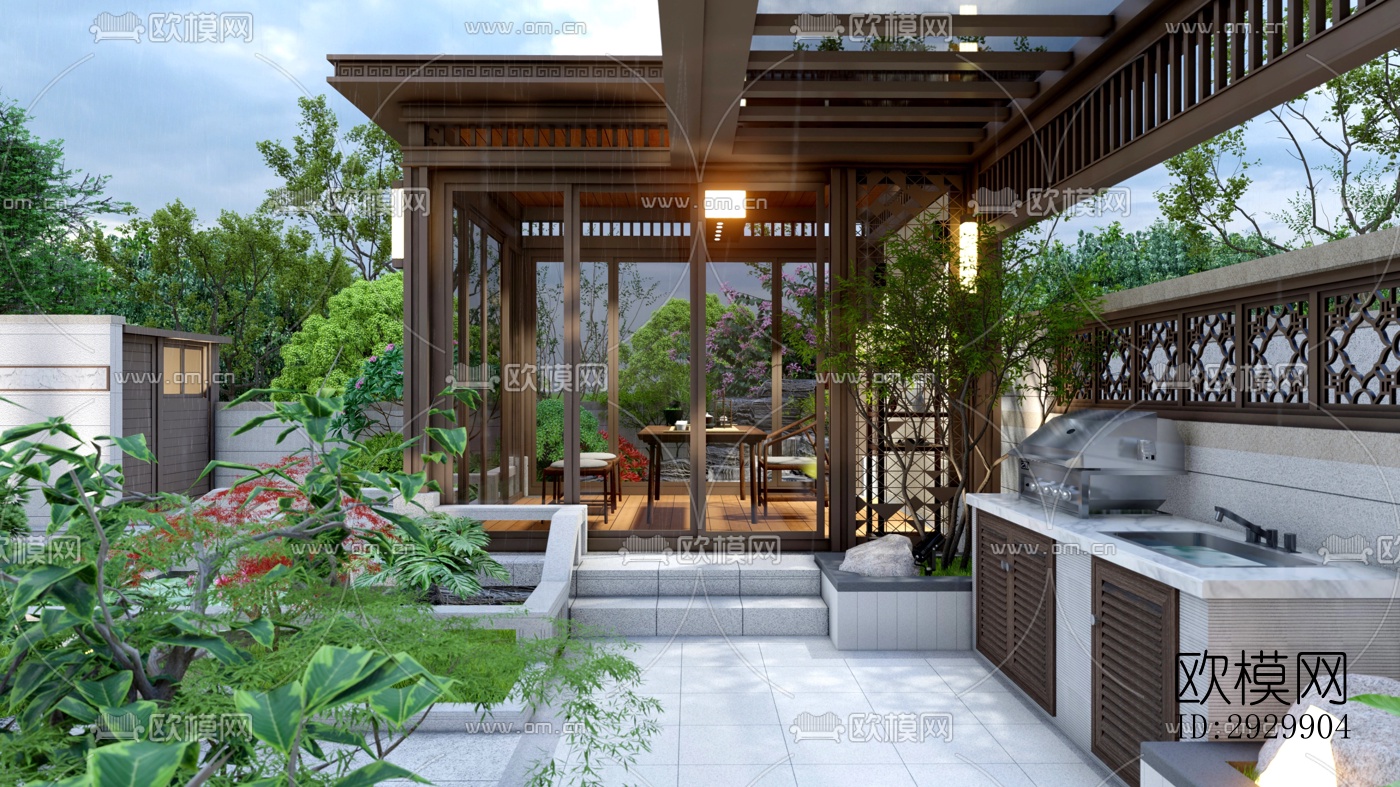 新中式居住景观效果图下载（渲染图7）