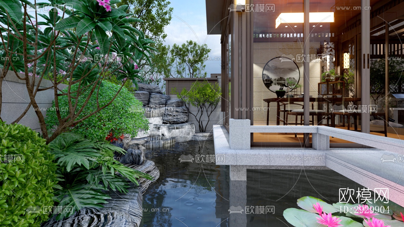 新中式居住景观效果图下载（渲染图4）