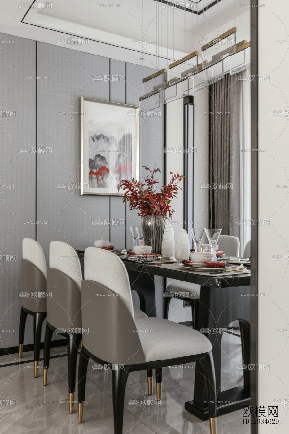 新中式平层效果图下载（渲染图11）