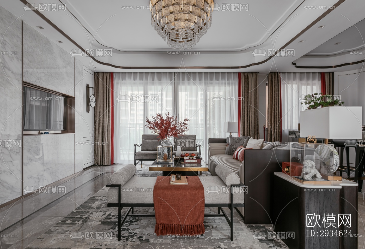 新中式平层效果图下载（渲染图6）