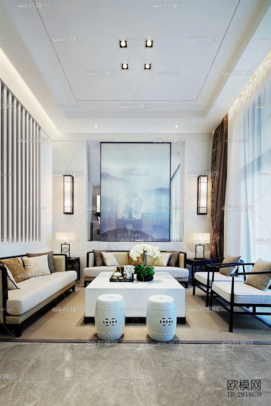 新中式平层效果图下载（渲染图12）