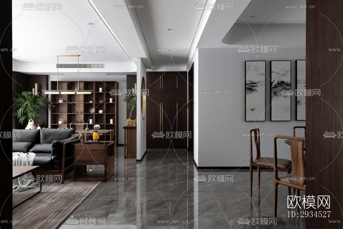 新中式平层效果图下载（渲染图1）