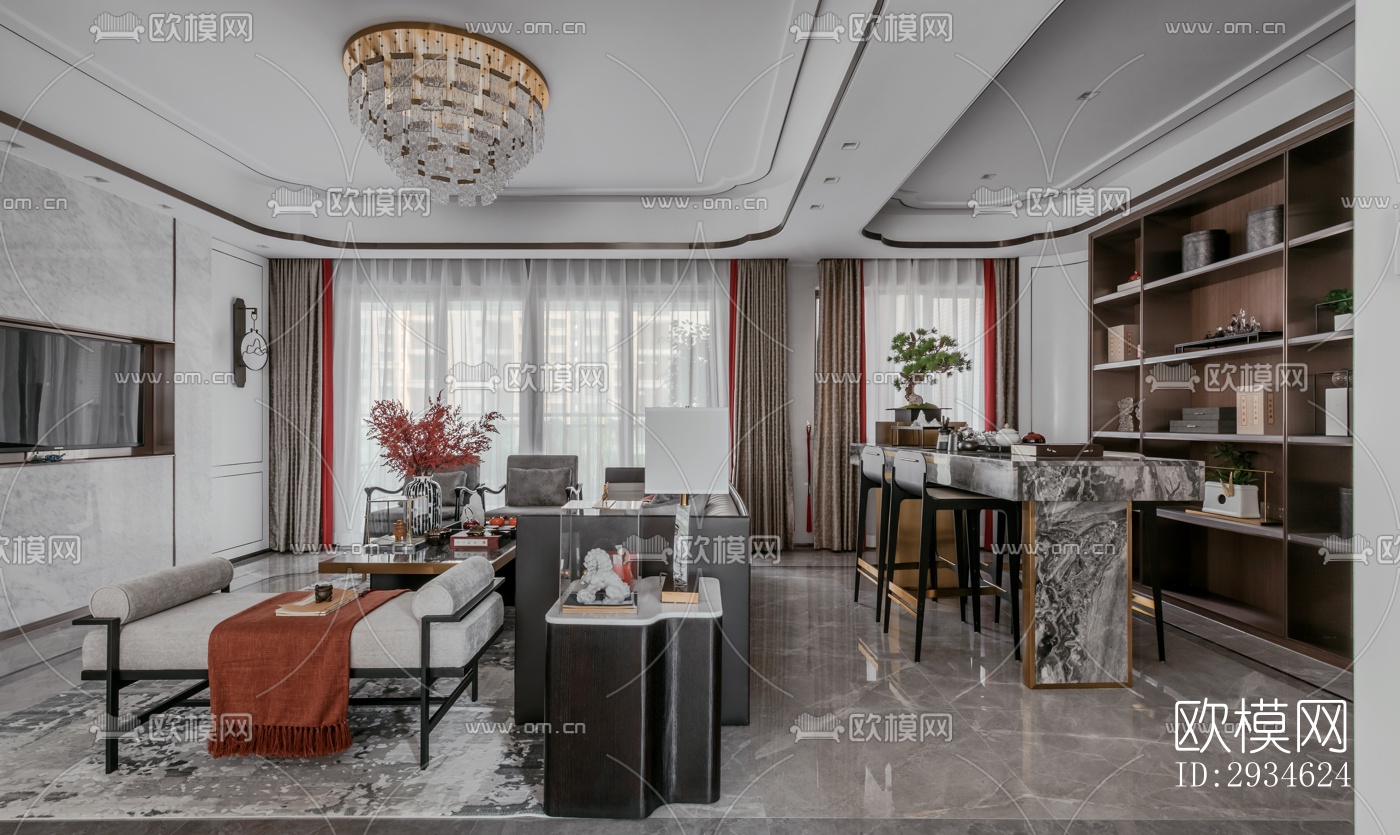 新中式平层效果图下载（渲染图7）