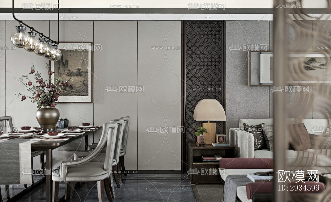 新中式平层效果图下载（渲染图3）