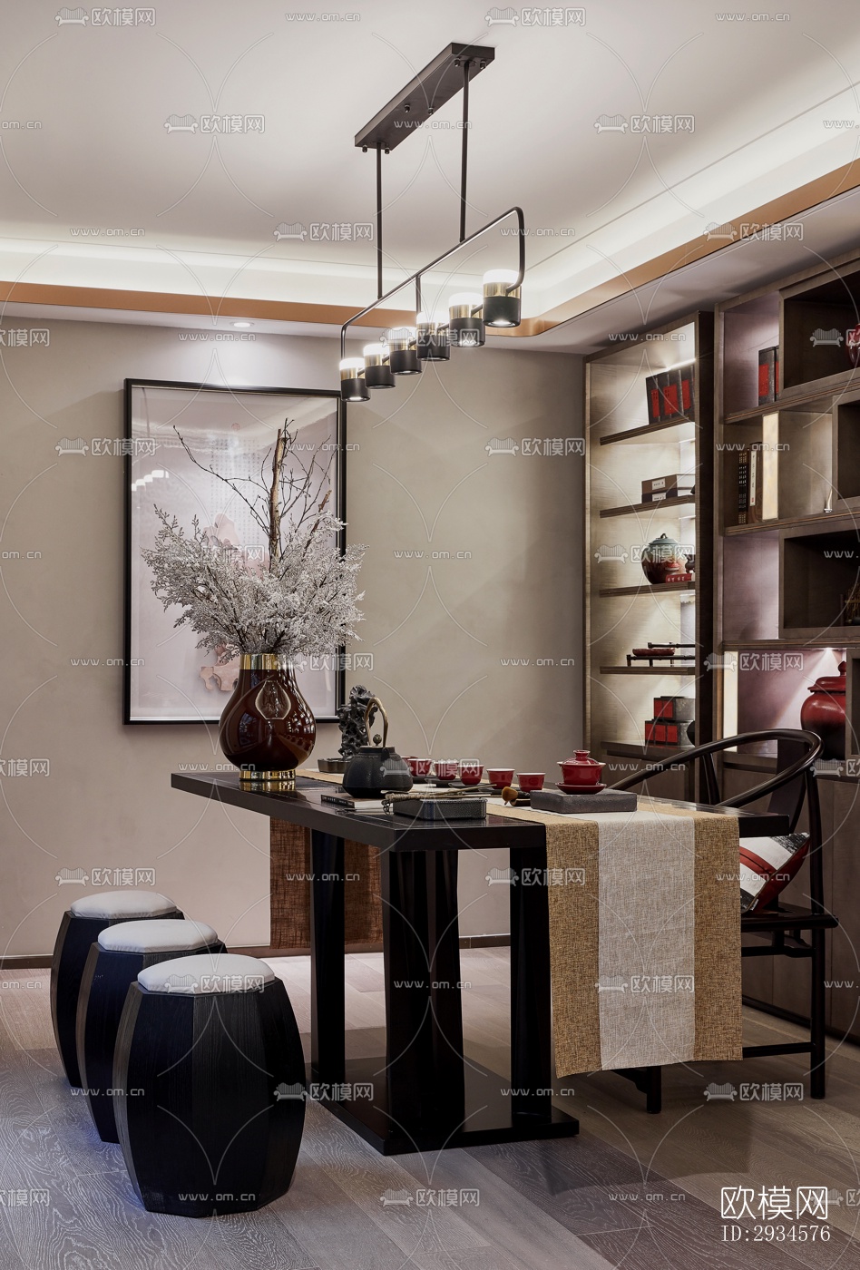 新中式平层效果图下载（渲染图1）