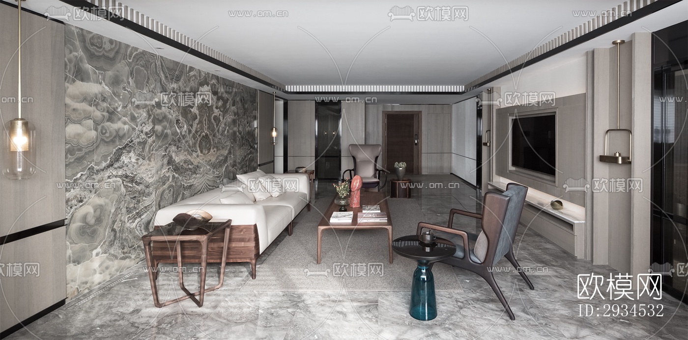 新中式平层效果图下载（渲染图2）