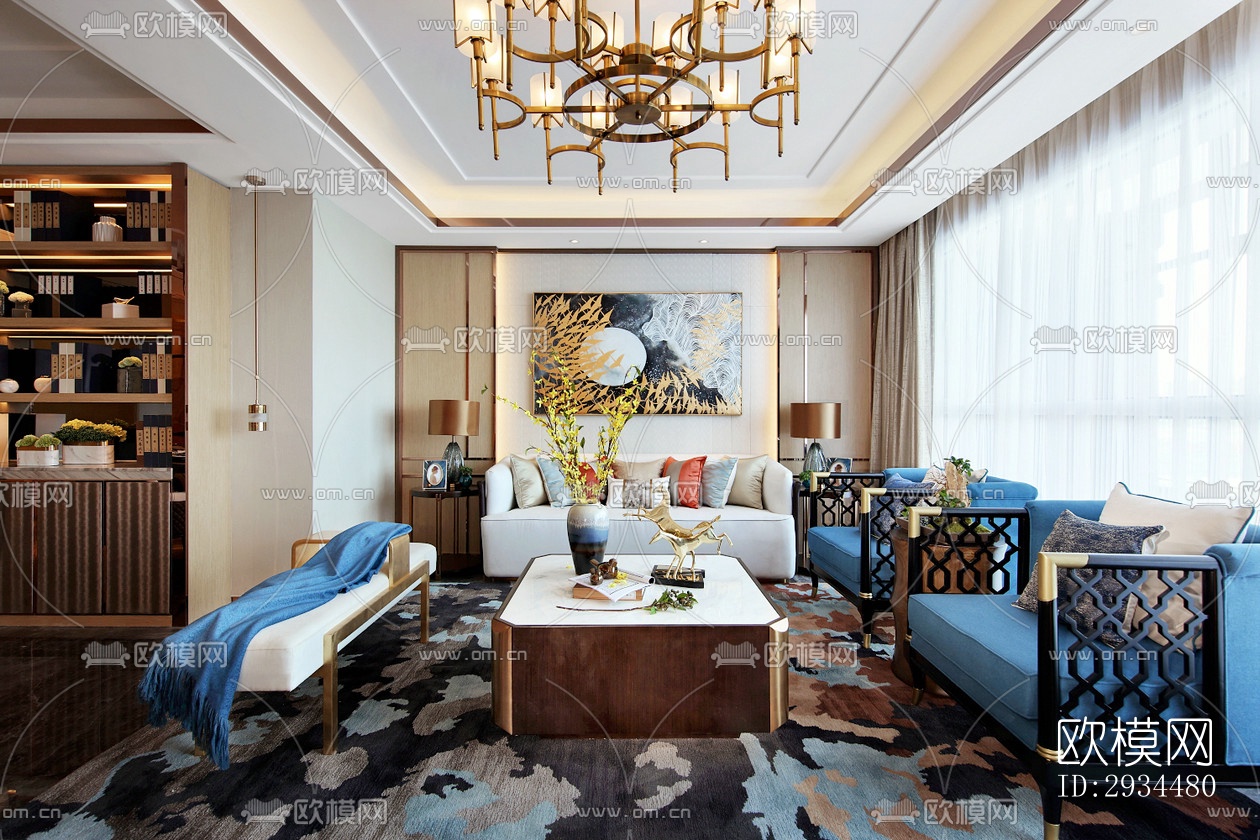 新中式平层效果图下载（渲染图1）