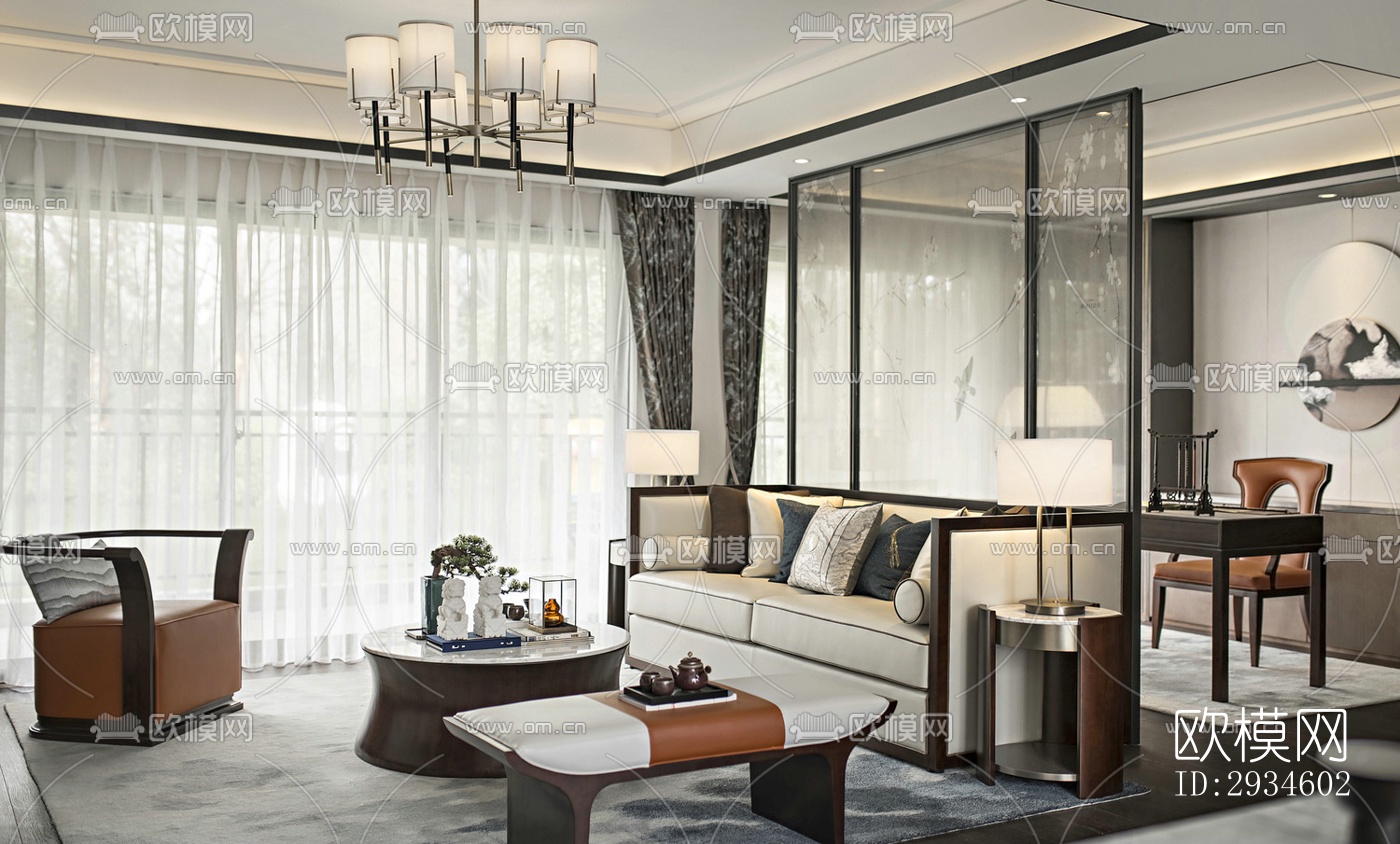 新中式平层效果图下载（渲染图2）