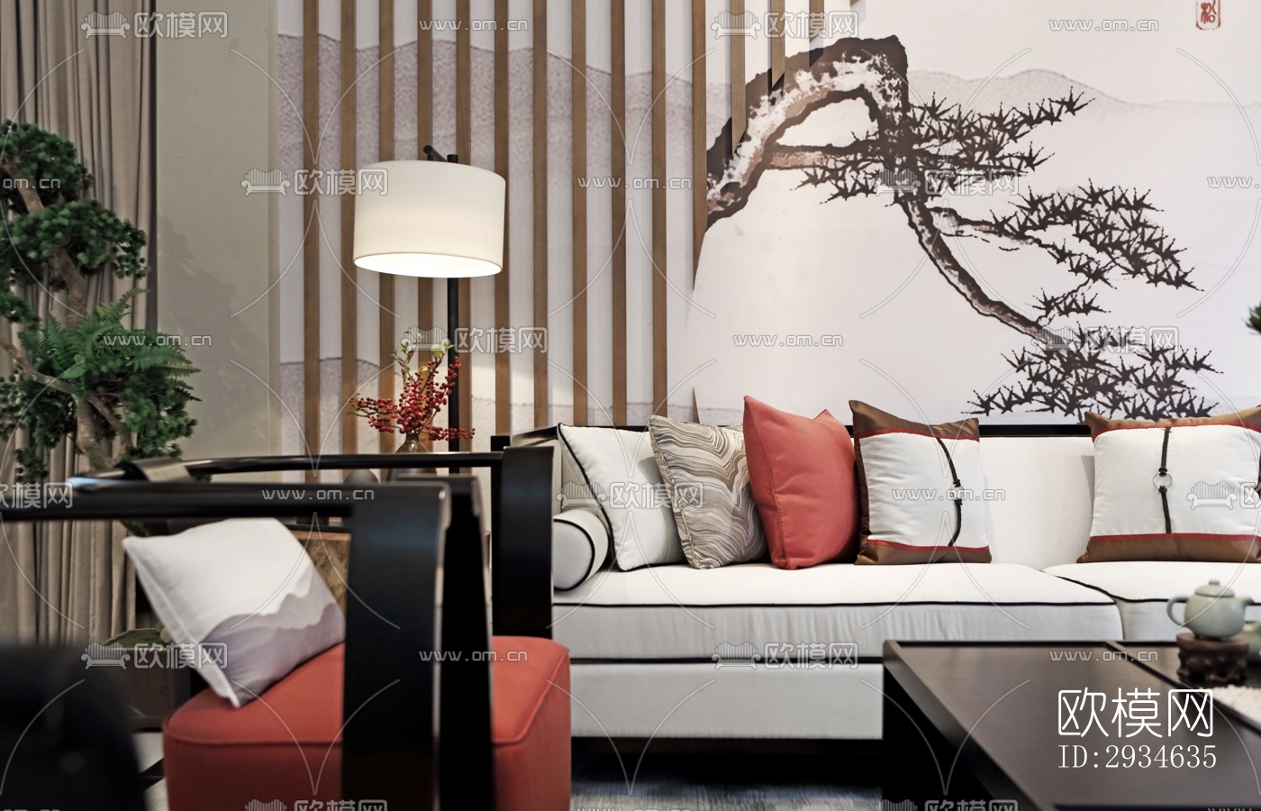 新中式平层效果图下载（渲染图1）