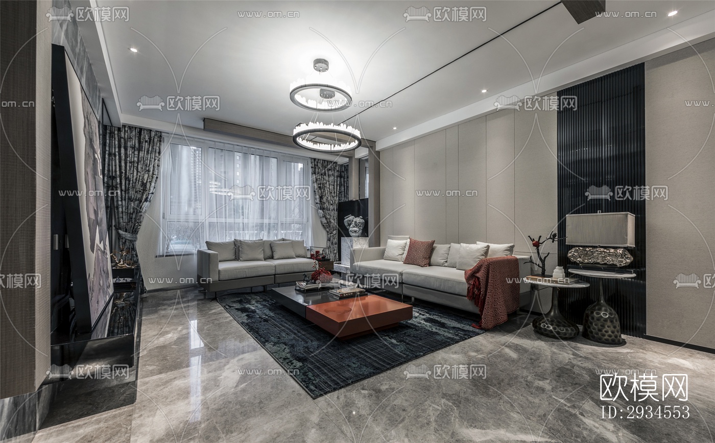 新中式平层效果图下载（渲染图3）