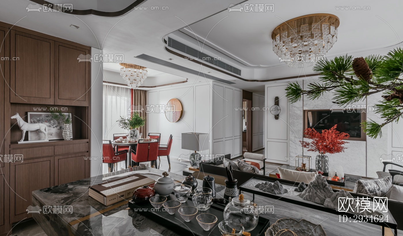 新中式平层效果图下载（渲染图4）