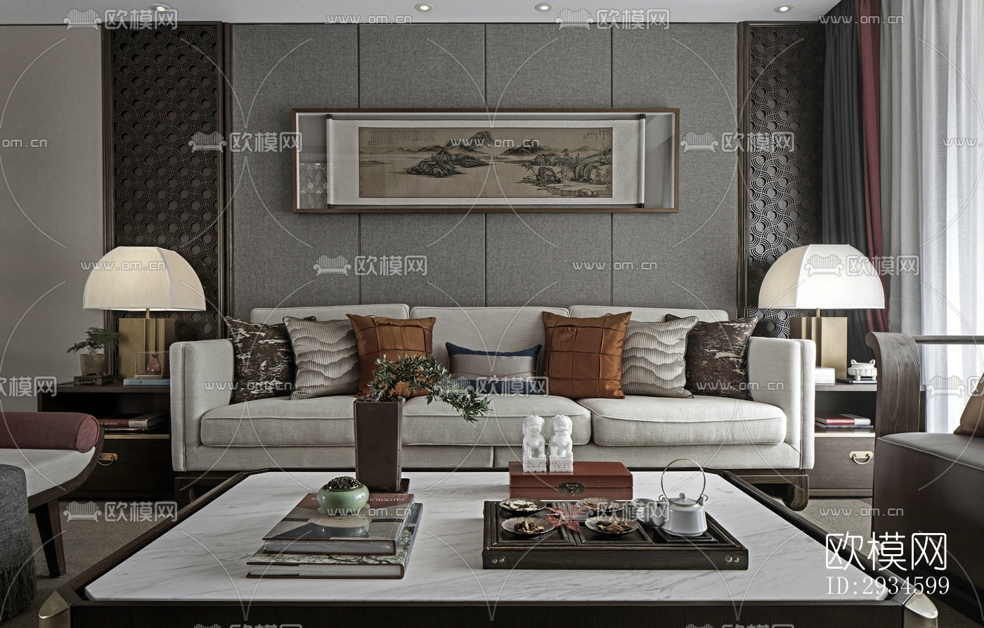 新中式平层效果图下载（渲染图15）