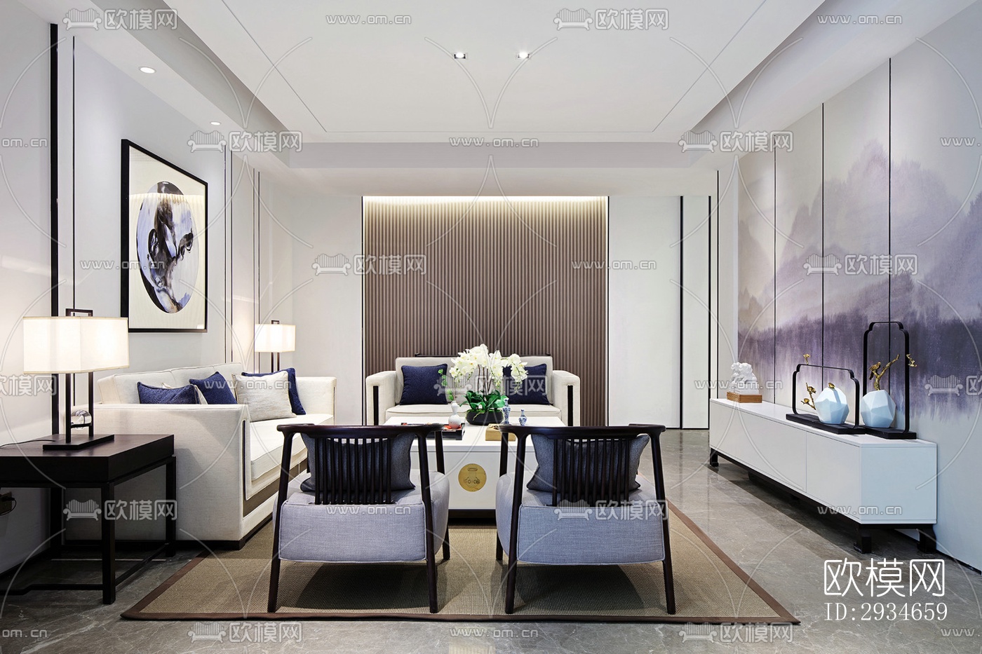 新中式平层效果图下载（渲染图4）