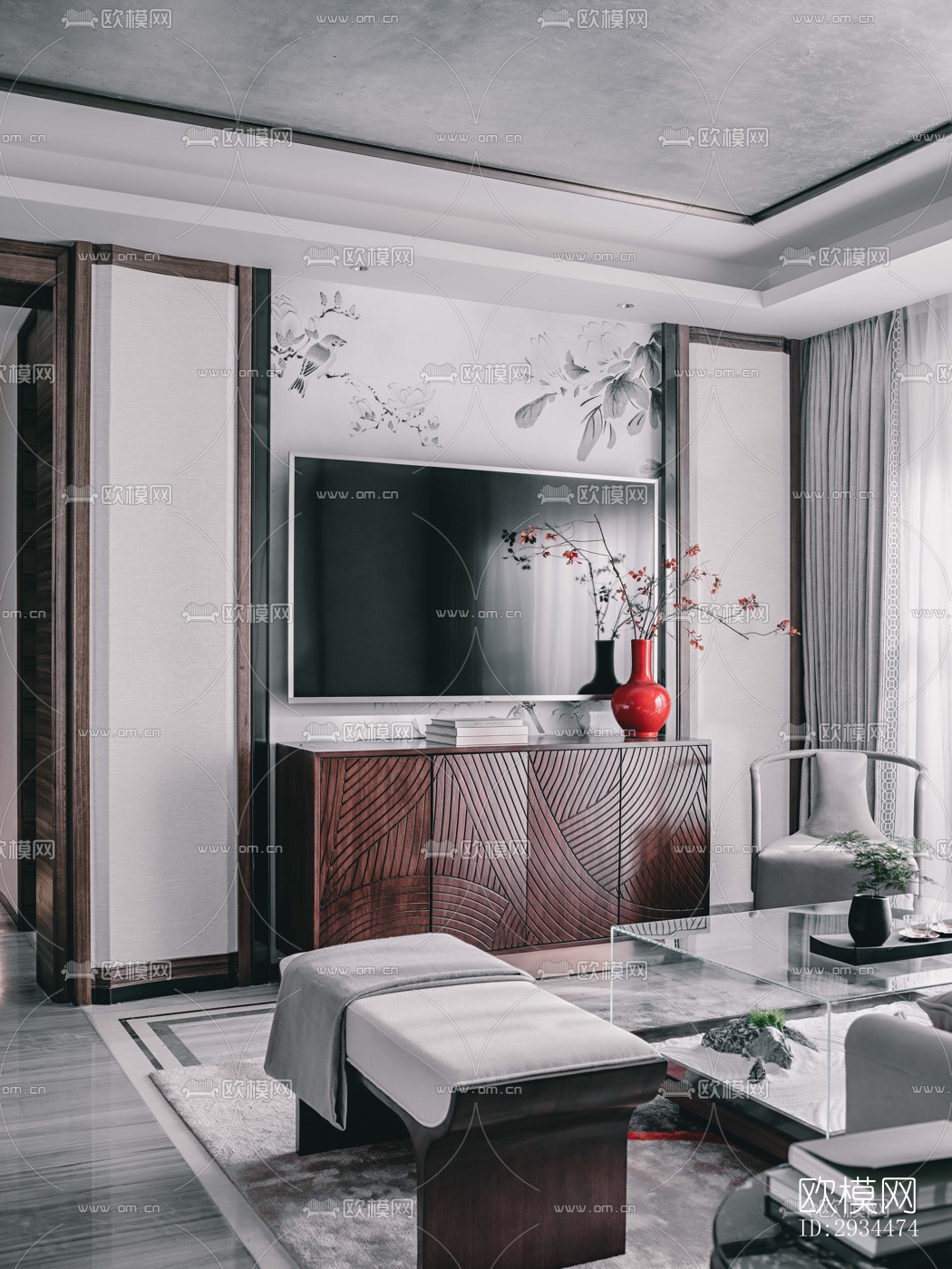 新中式平层效果图下载（渲染图12）