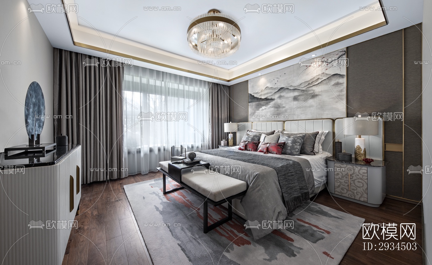 新中式平层效果图下载（渲染图12）