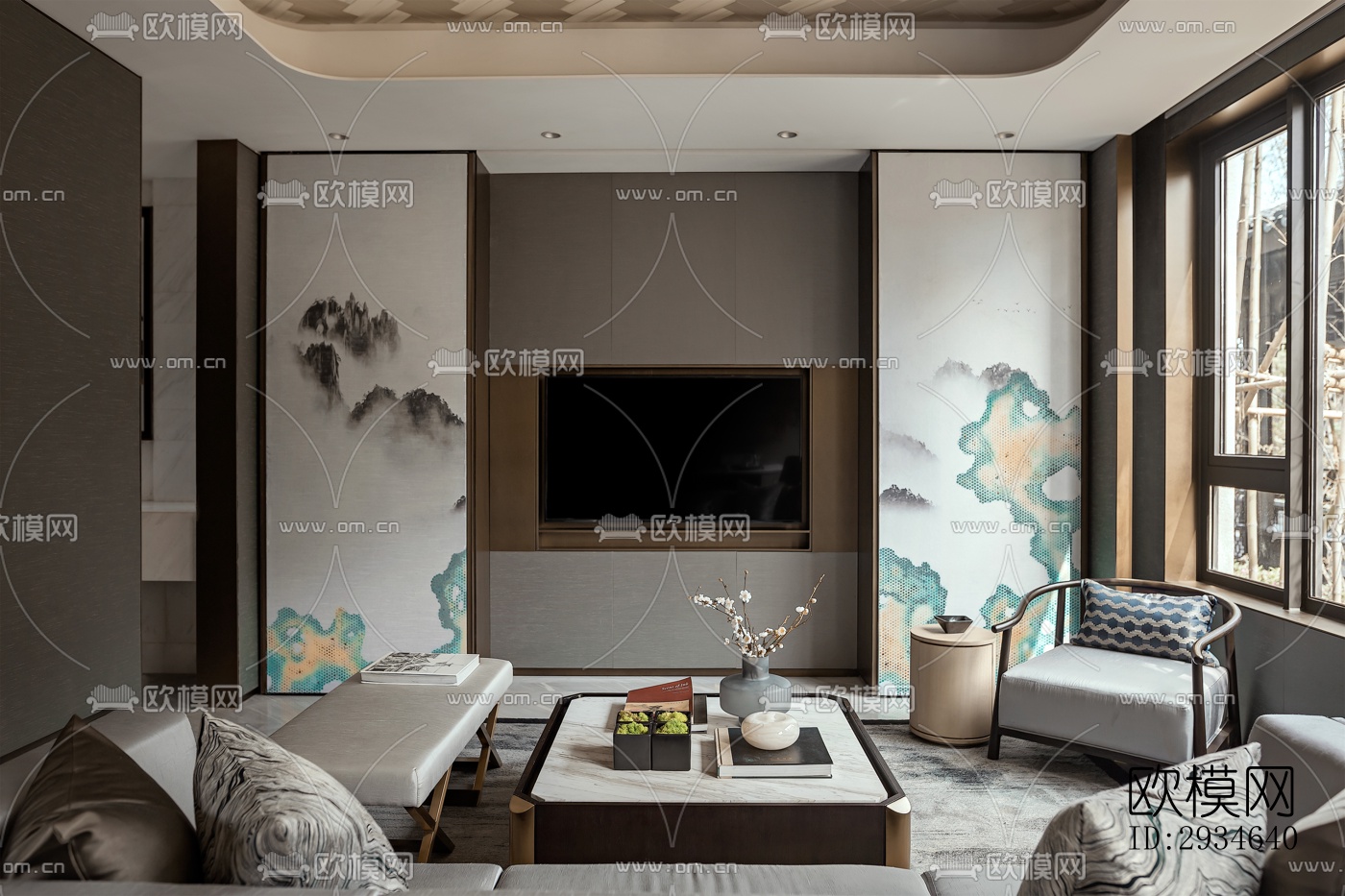 新中式平层效果图下载（渲染图10）