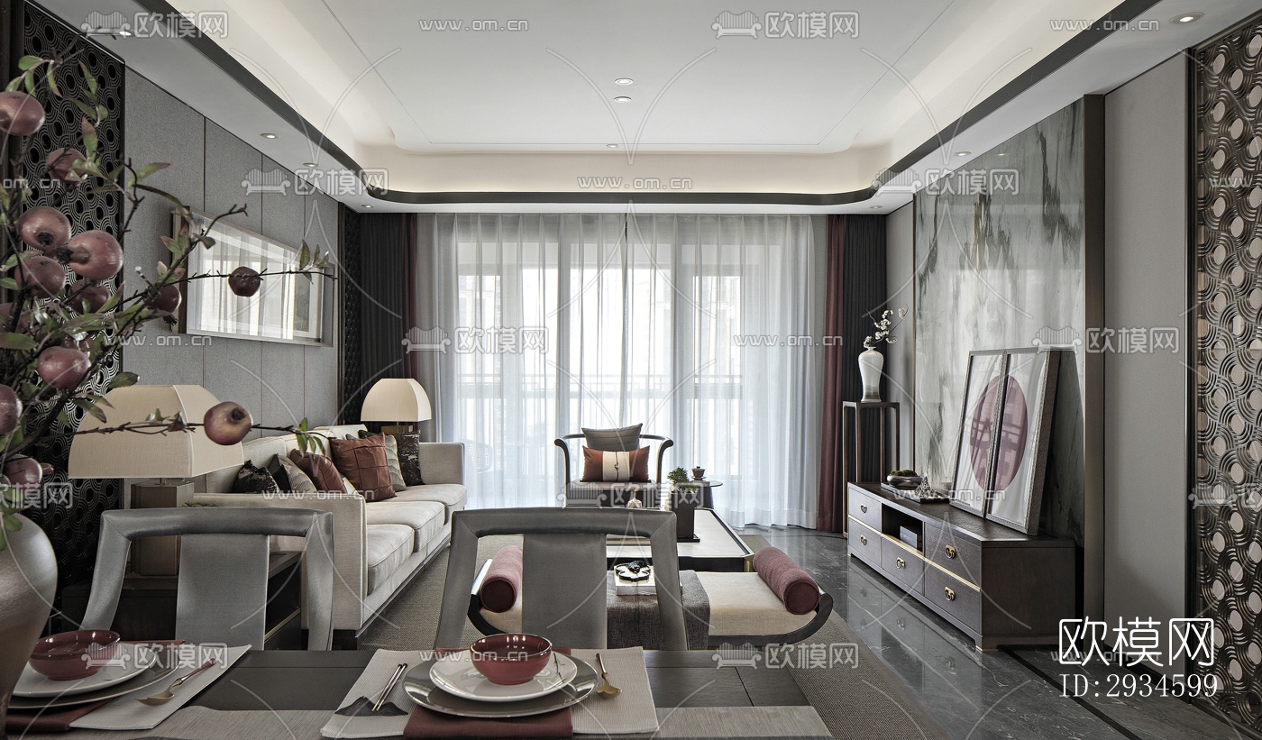 新中式平层效果图下载（渲染图1）