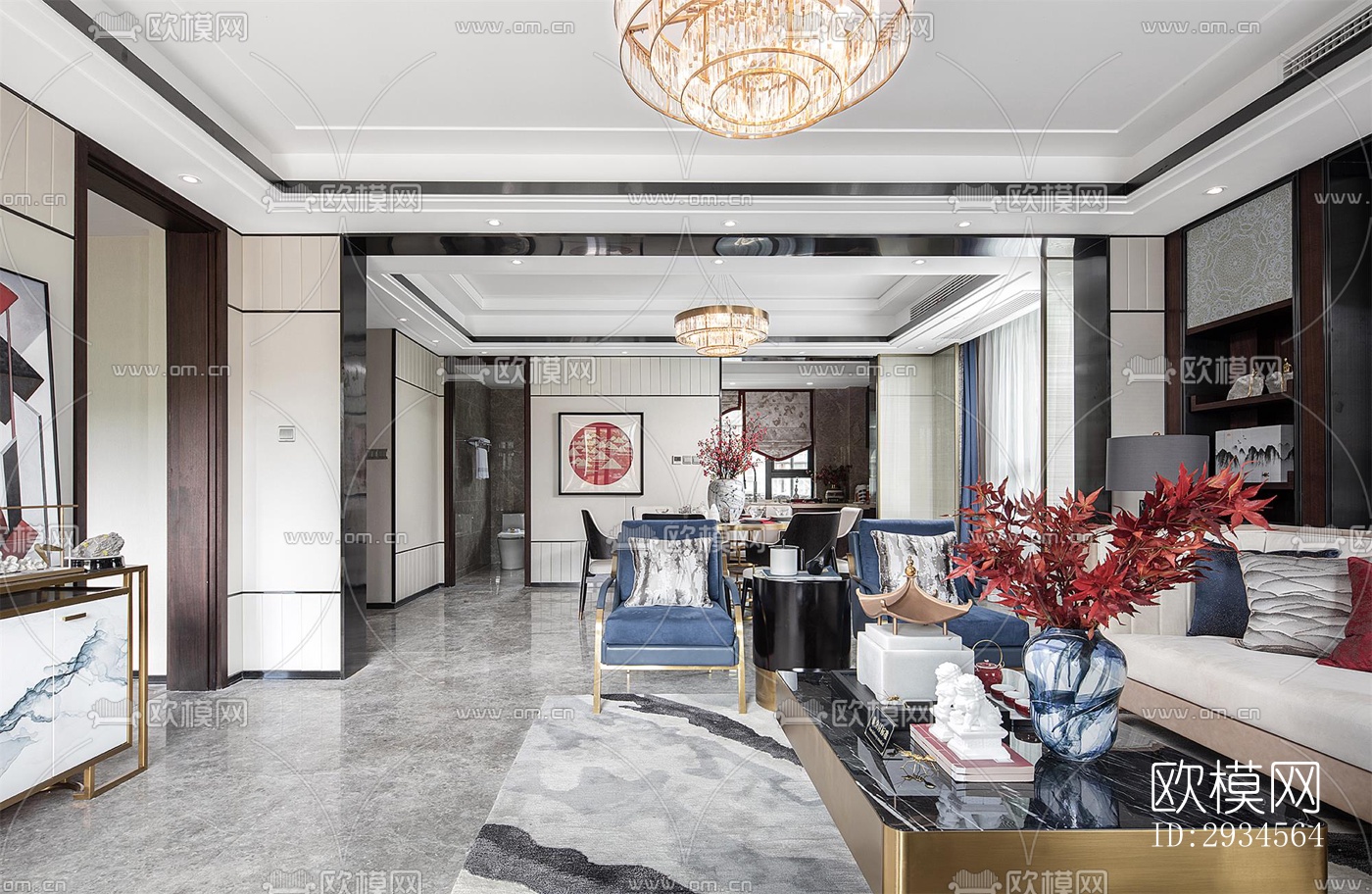 新中式平层效果图下载（渲染图17）