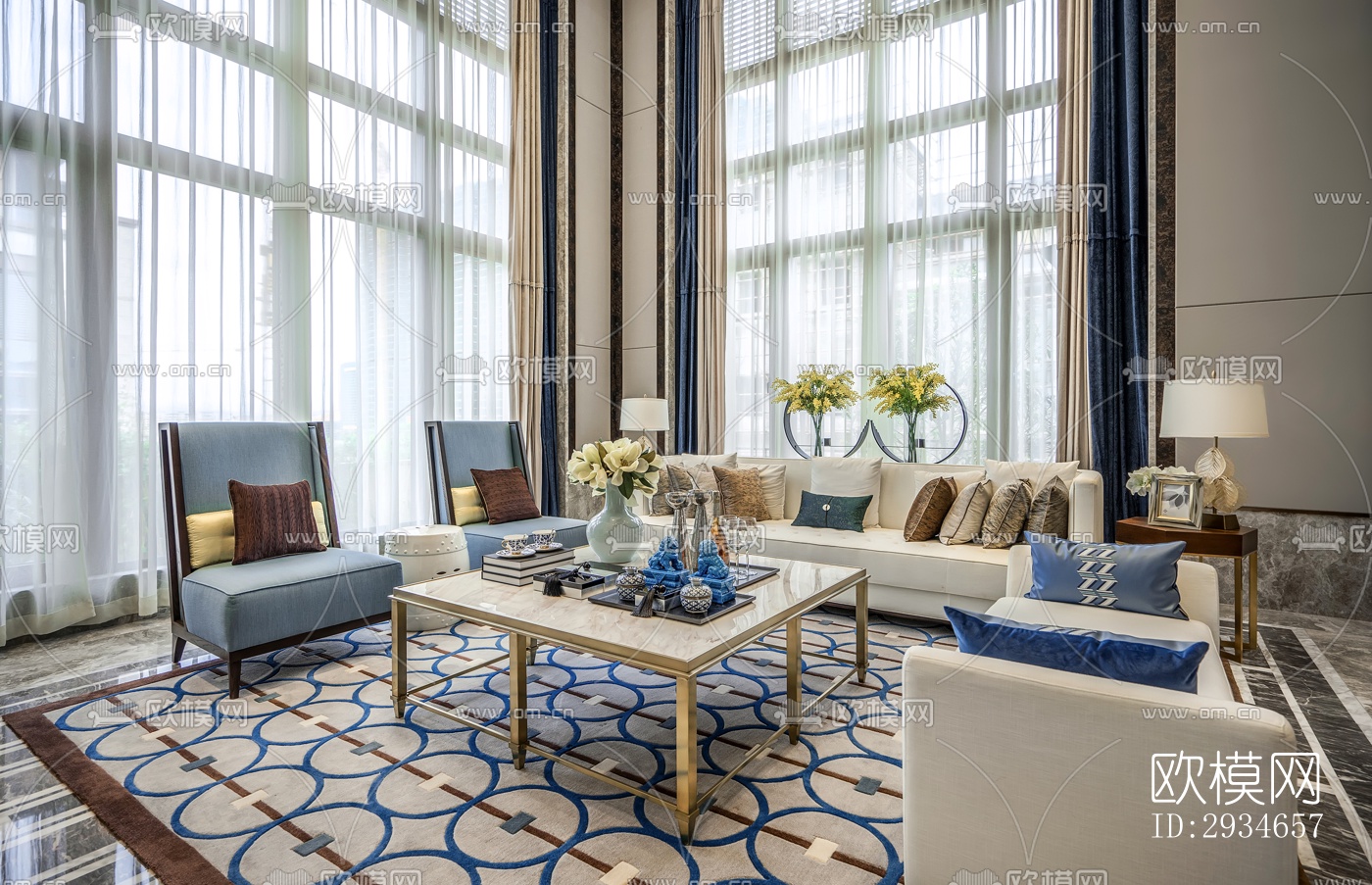 新中式平层效果图下载（渲染图4）