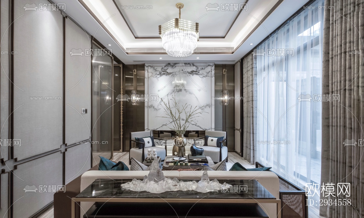 新中式平层效果图下载（渲染图11）