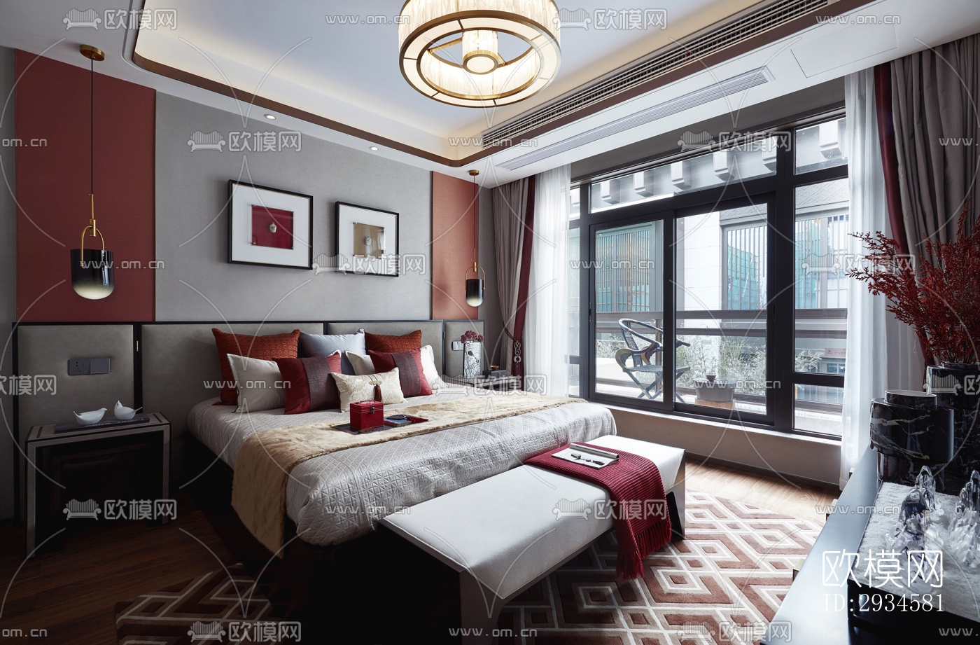 新中式平层效果图下载（渲染图15）