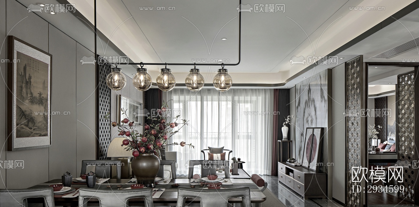 新中式平层效果图下载（渲染图2）