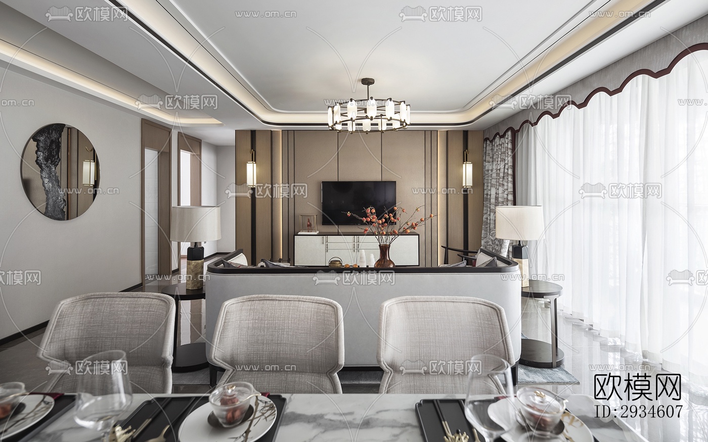 新中式平层效果图下载（渲染图3）