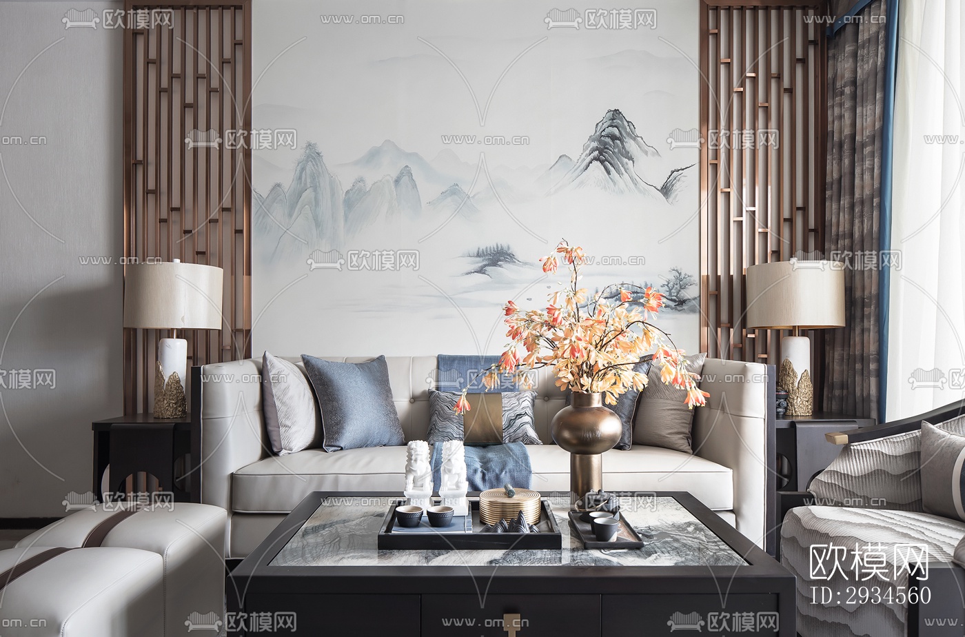 新中式平层效果图下载（渲染图4）