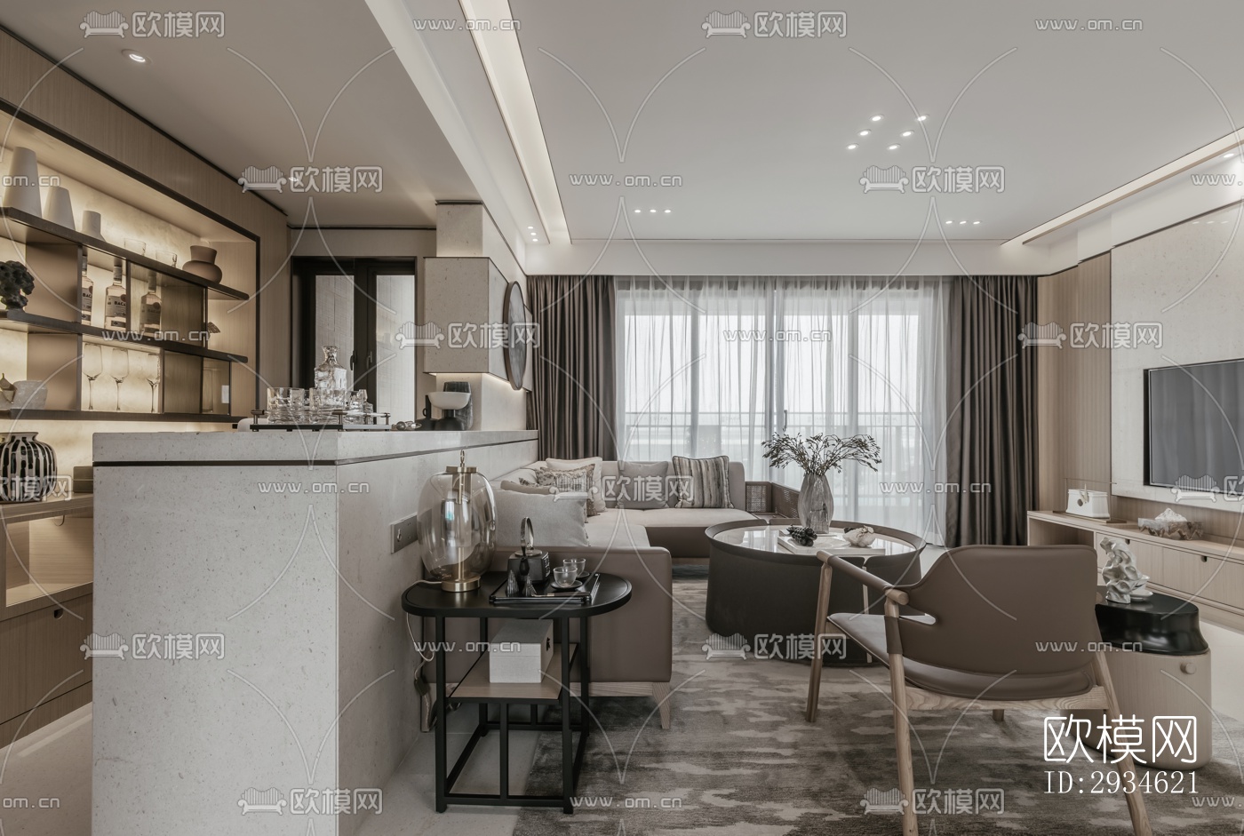 新中式平层效果图下载（渲染图11）