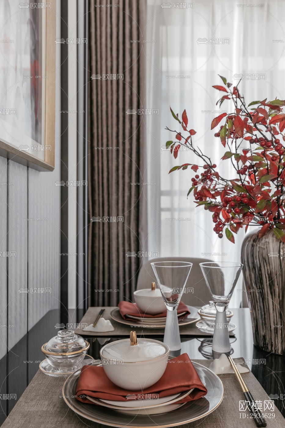 新中式平层效果图下载（渲染图12）