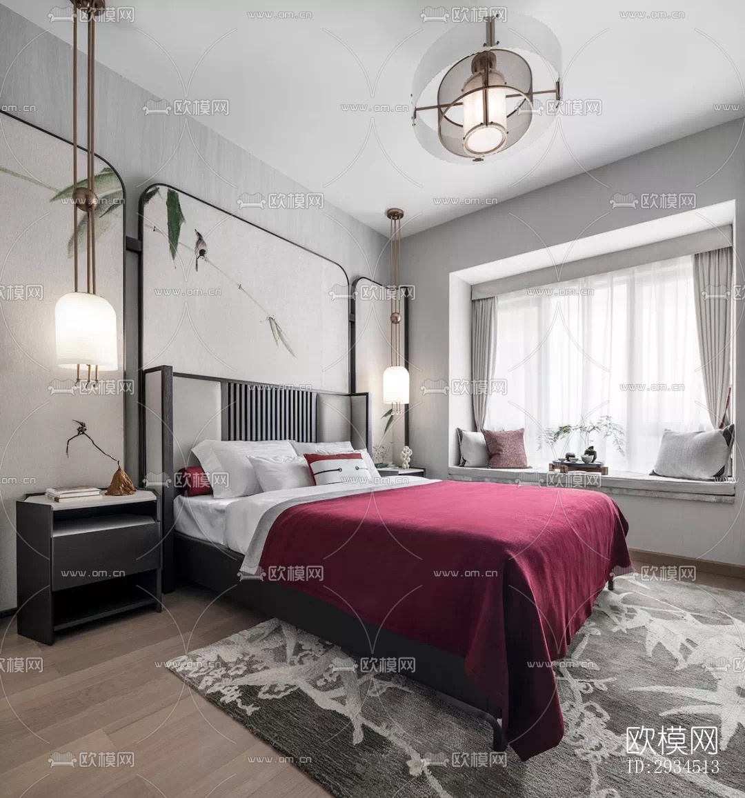 新中式平层效果图下载（渲染图7）