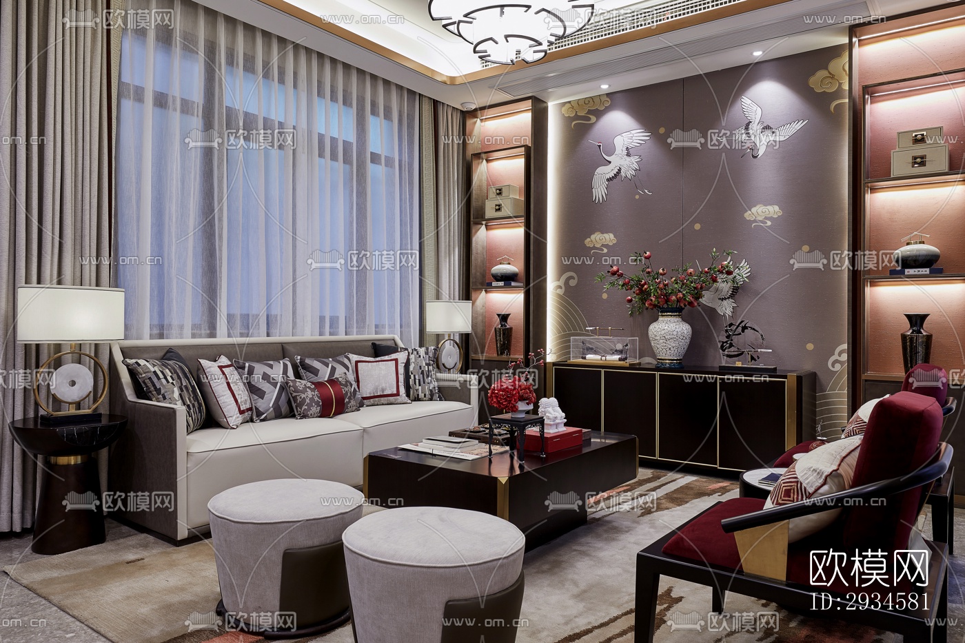 新中式平层效果图下载（渲染图7）