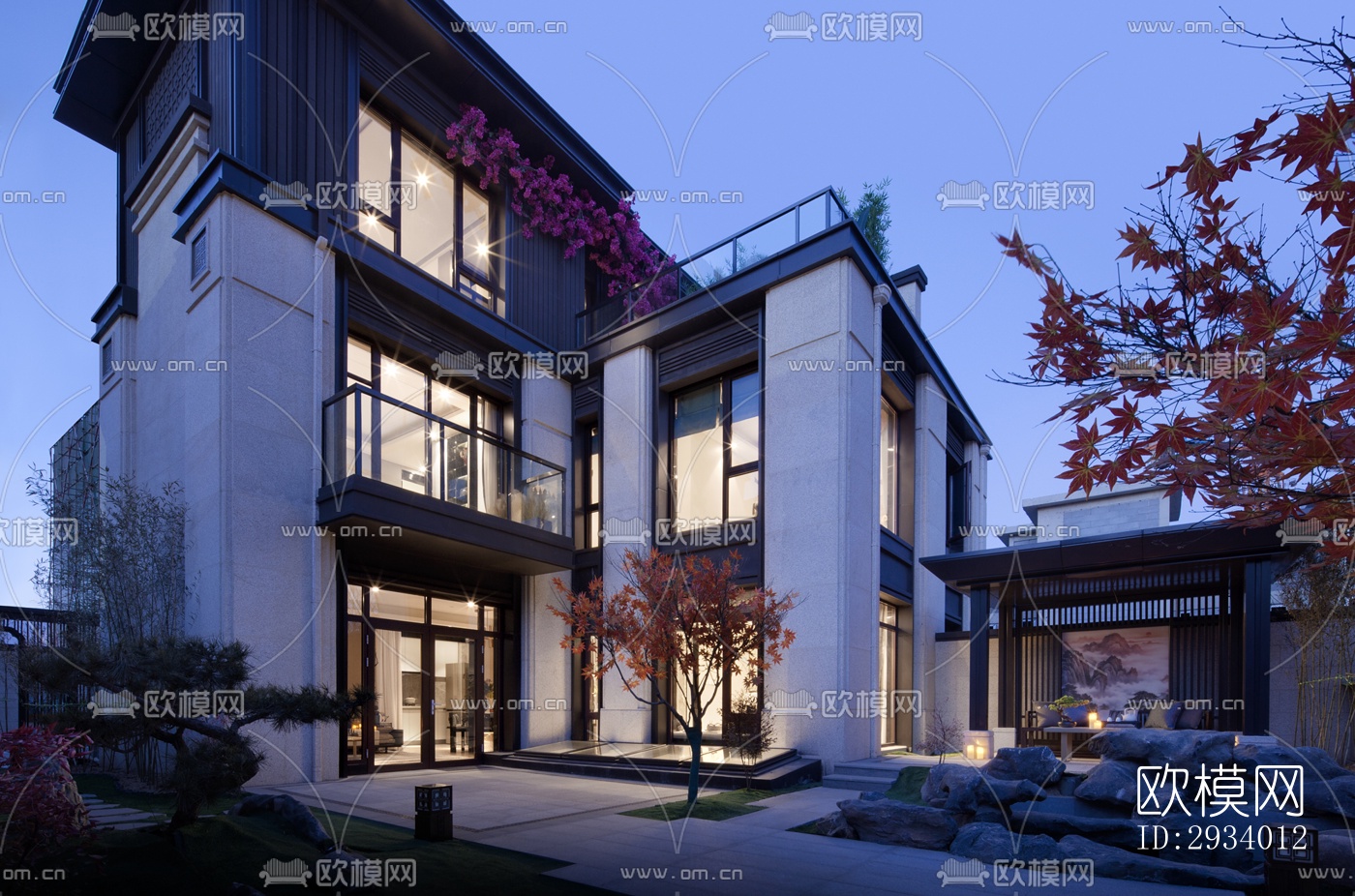 新中式别墅效果图下载（渲染图1）