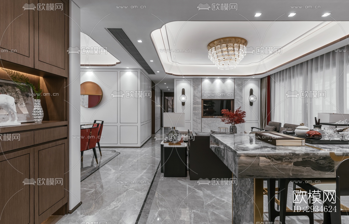 新中式平层效果图下载（渲染图1）