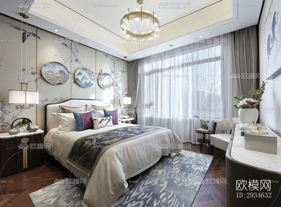 新中式平层效果图下载（渲染图4）