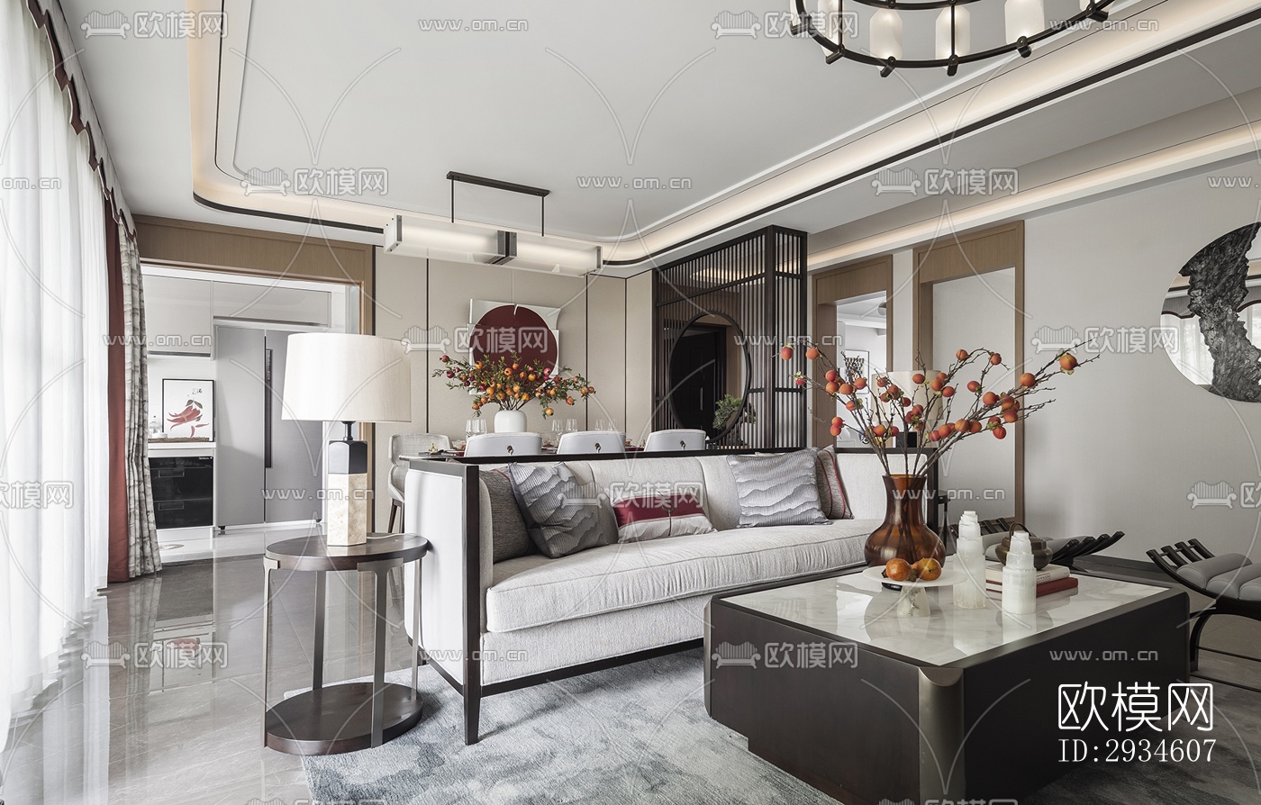 新中式平层效果图下载（渲染图2）