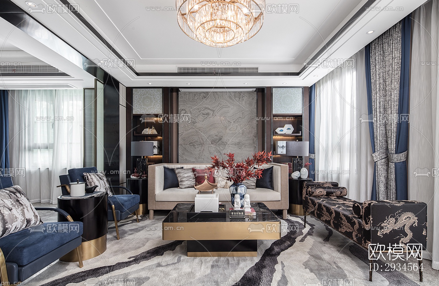 新中式平层效果图下载（渲染图10）