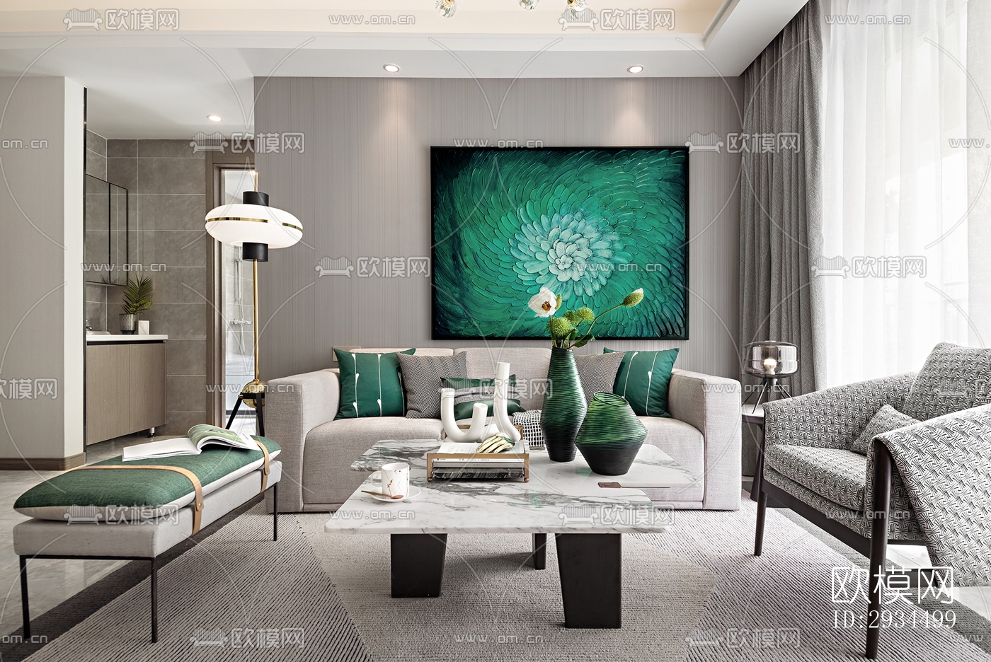 新中式平层效果图下载（渲染图12）