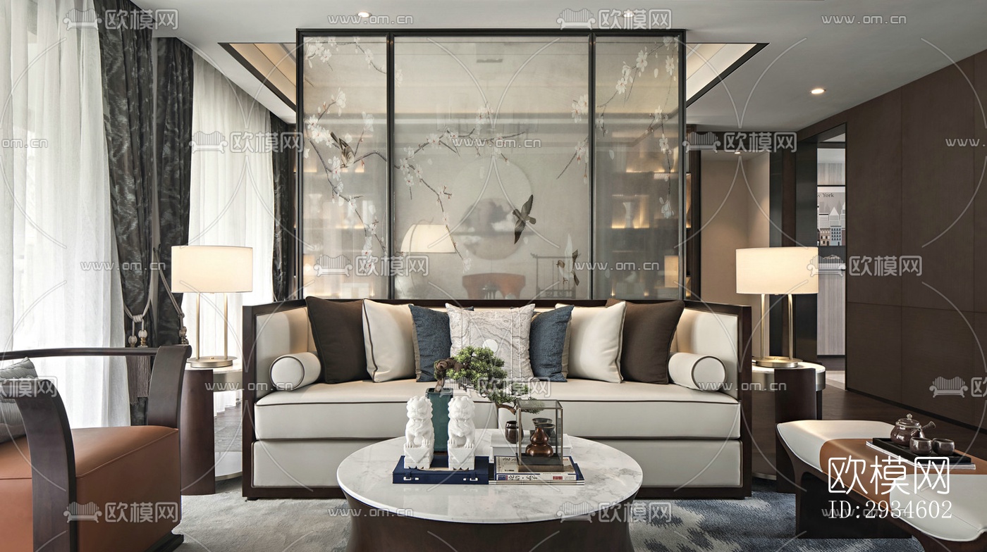 新中式平层效果图下载（渲染图1）