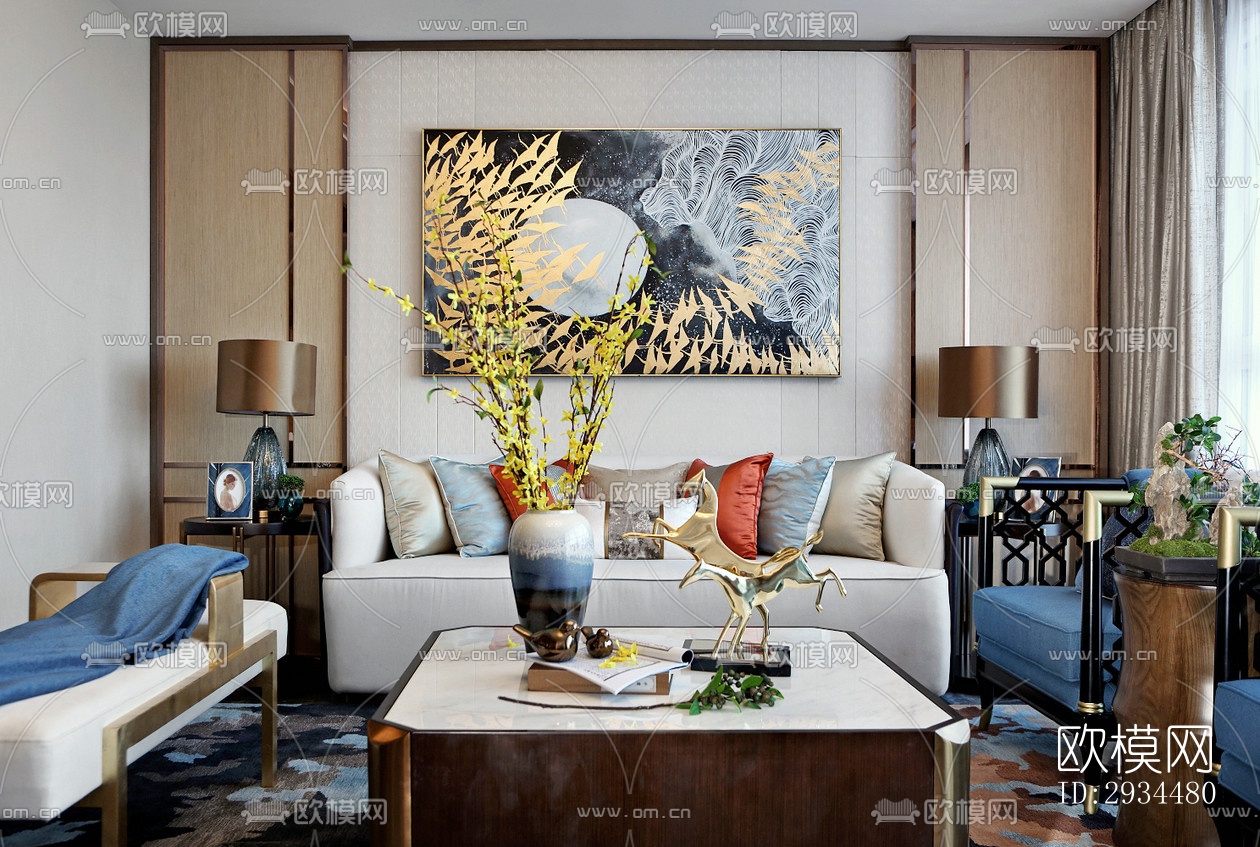 新中式平层效果图下载（渲染图4）