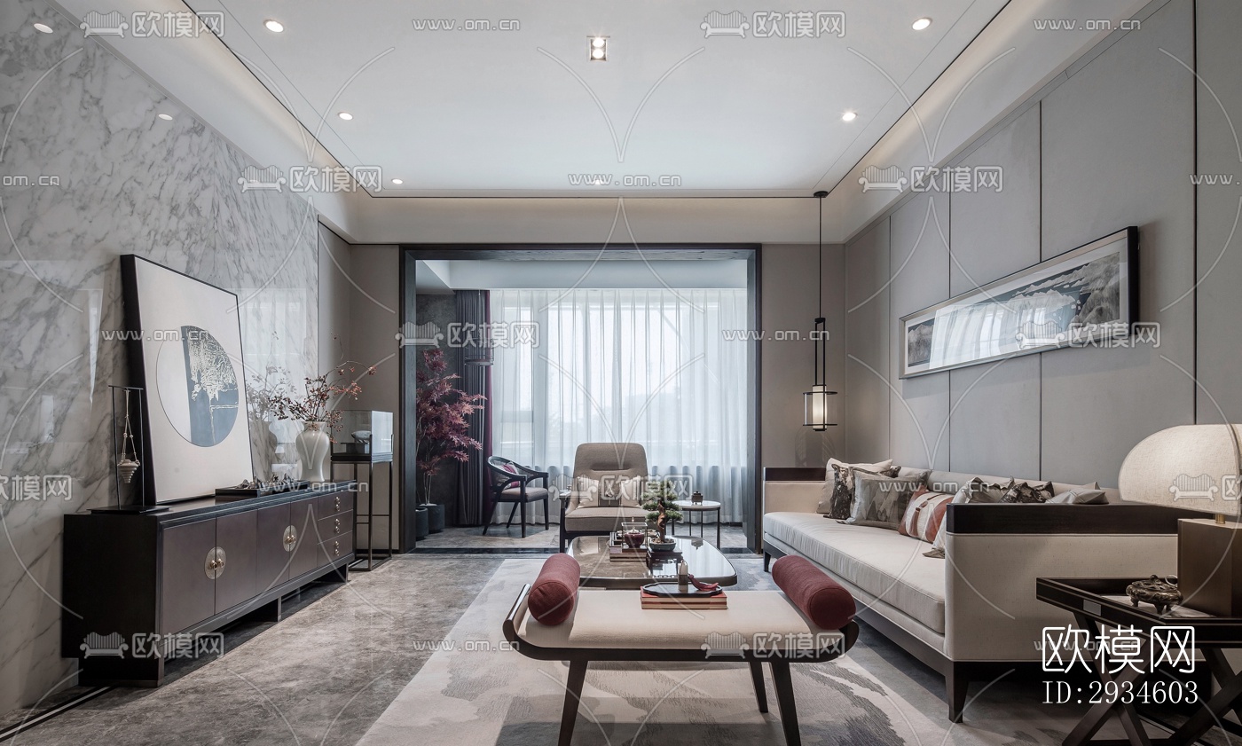 新中式平层效果图下载（渲染图2）