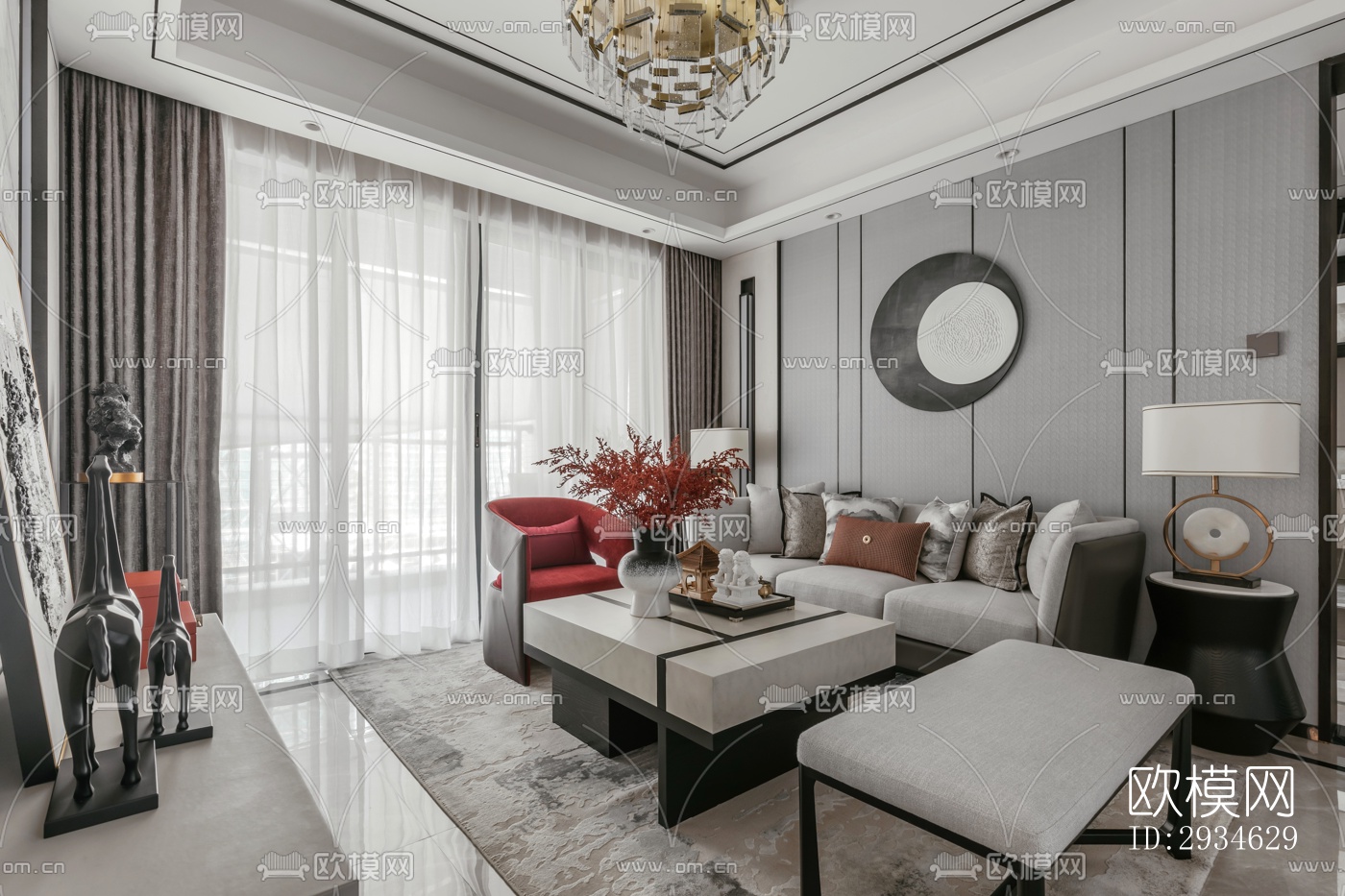 新中式平层效果图下载（渲染图2）