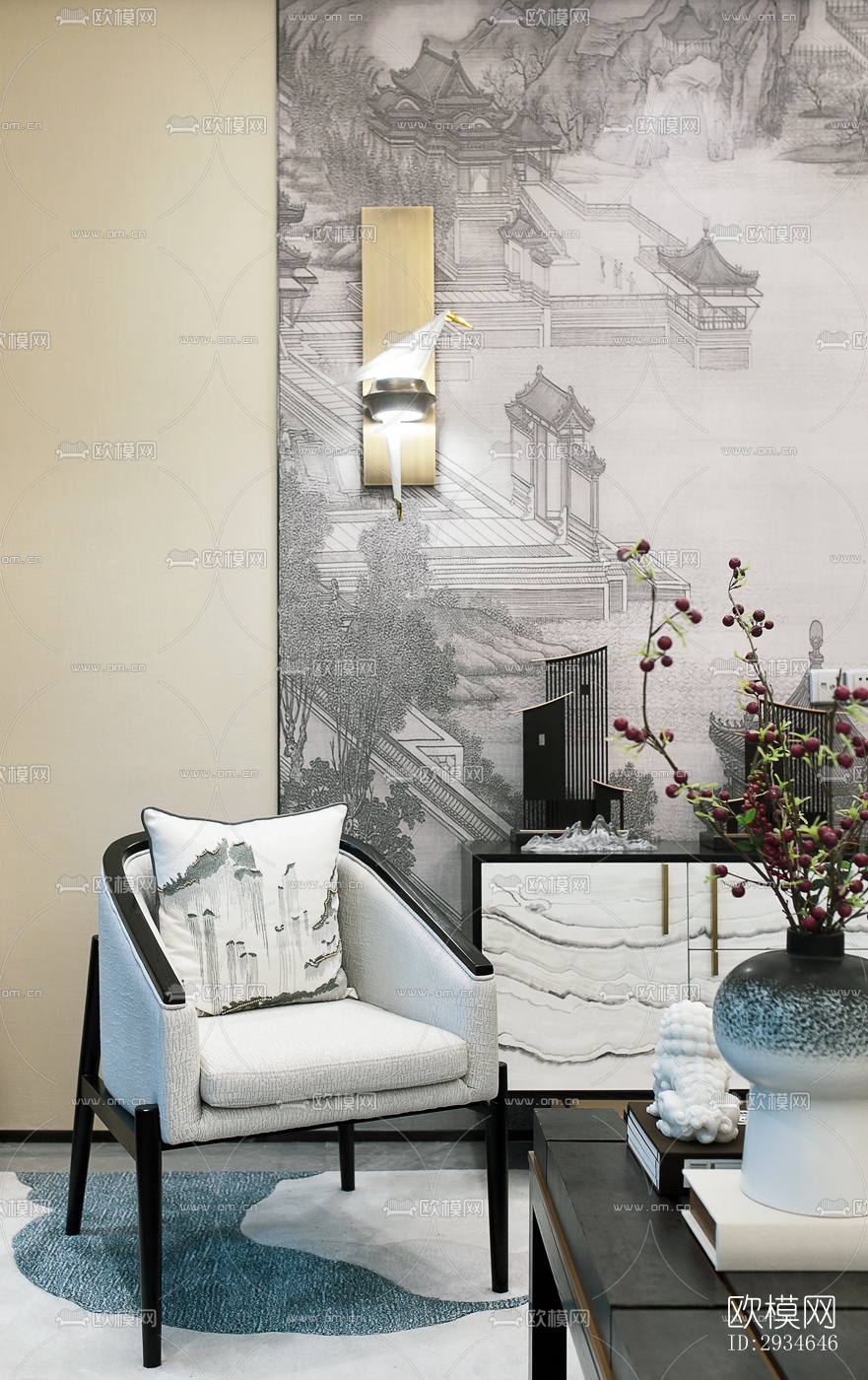 新中式平层效果图下载（渲染图14）