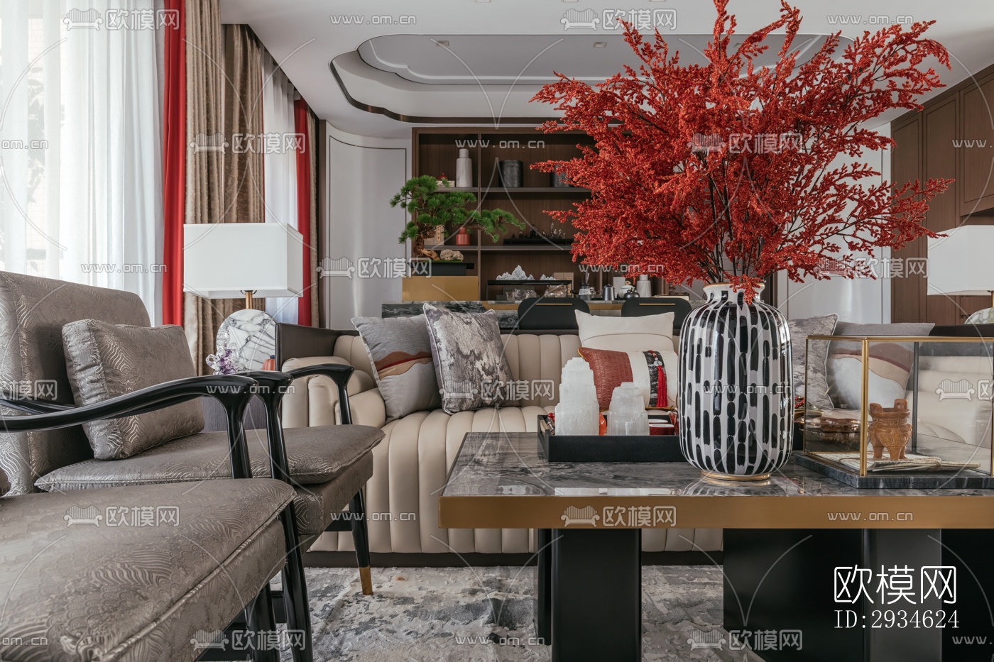 新中式平层效果图下载（渲染图10）