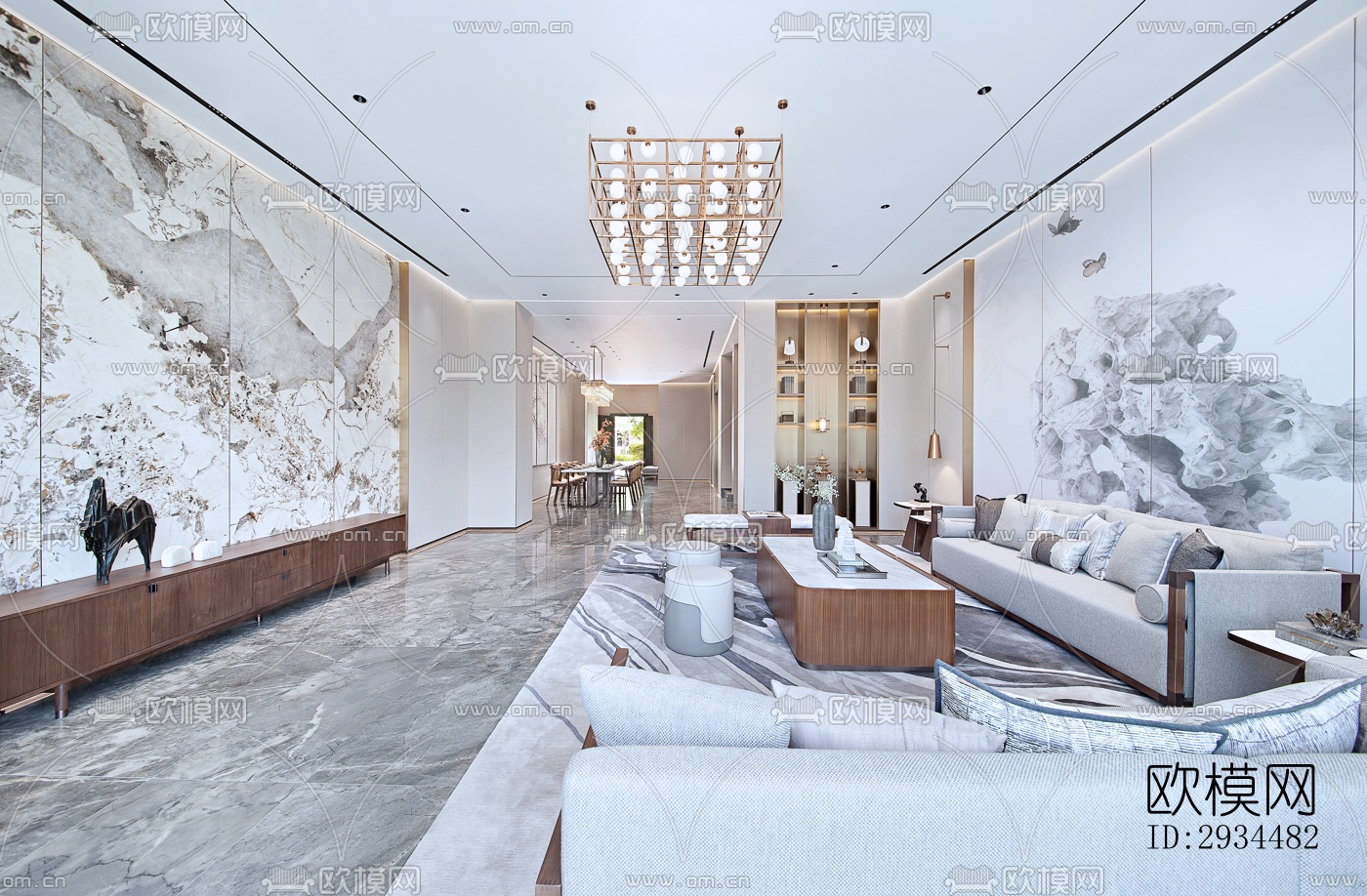 新中式平层效果图下载（渲染图1）