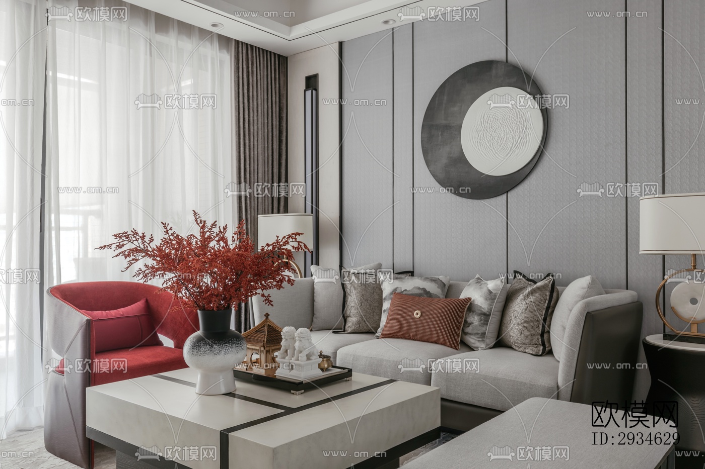 新中式平层效果图下载（渲染图3）