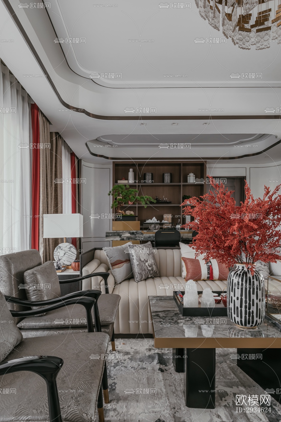 新中式平层效果图下载（渲染图9）