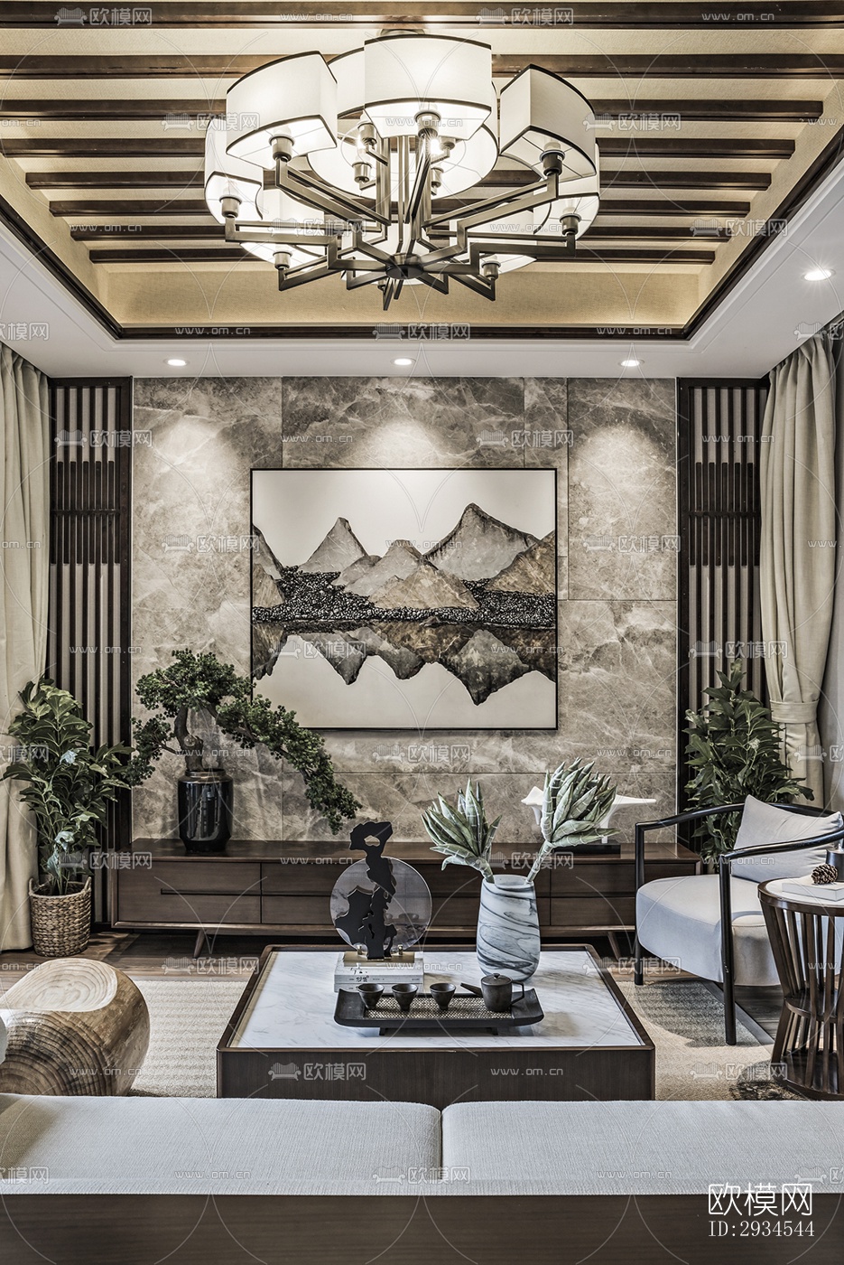 新中式平层效果图下载（渲染图5）