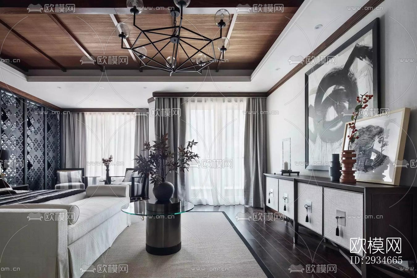 新中式平层效果图下载（渲染图7）