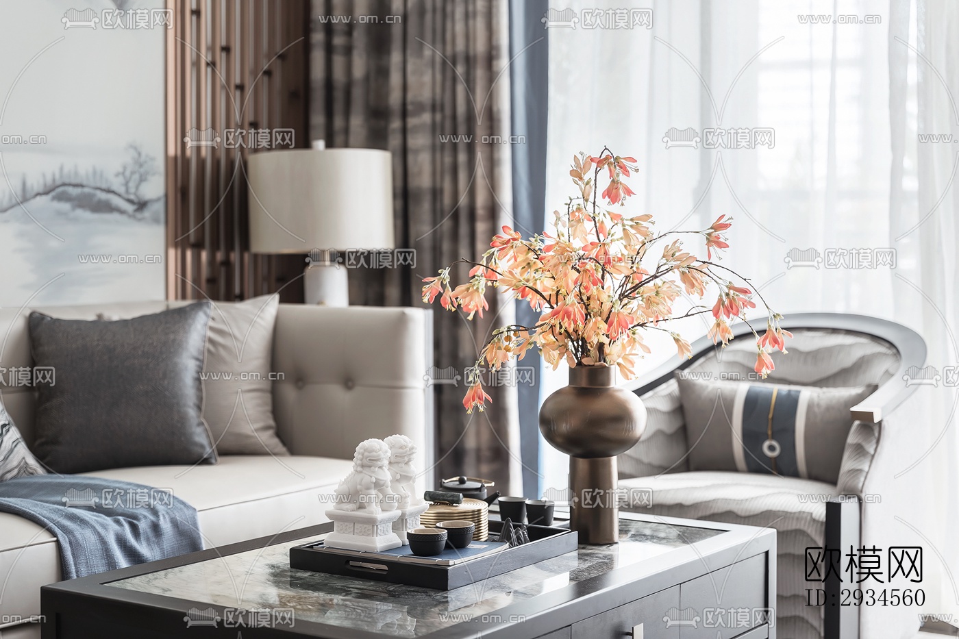 新中式平层效果图下载（渲染图1）